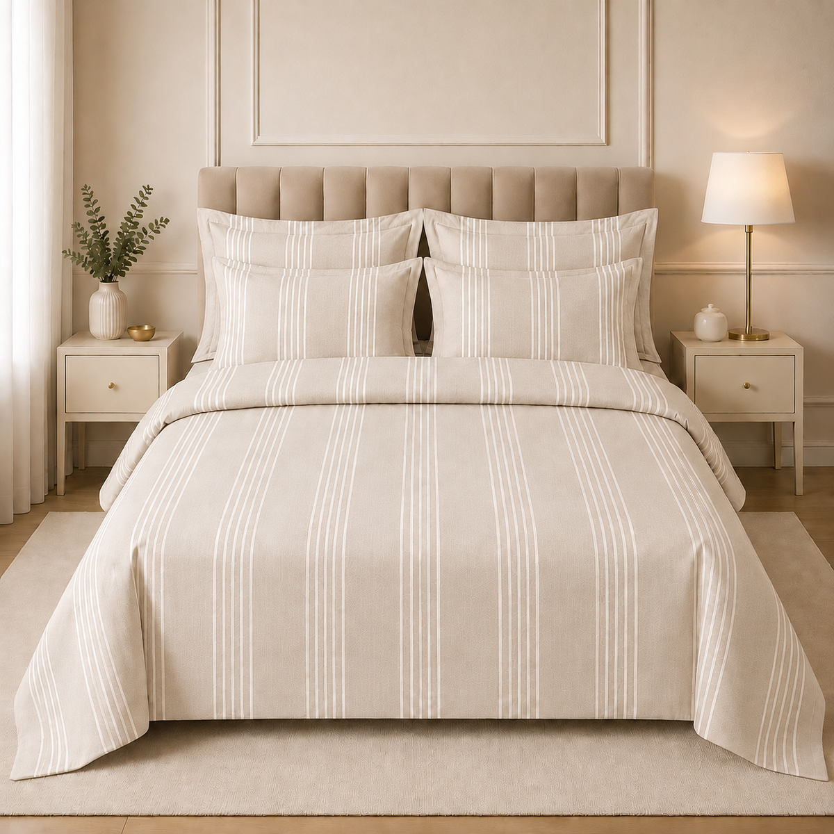 Egyptian Premium Cotton Satin Complete Bed Set - Ivory Stripe | Hogar