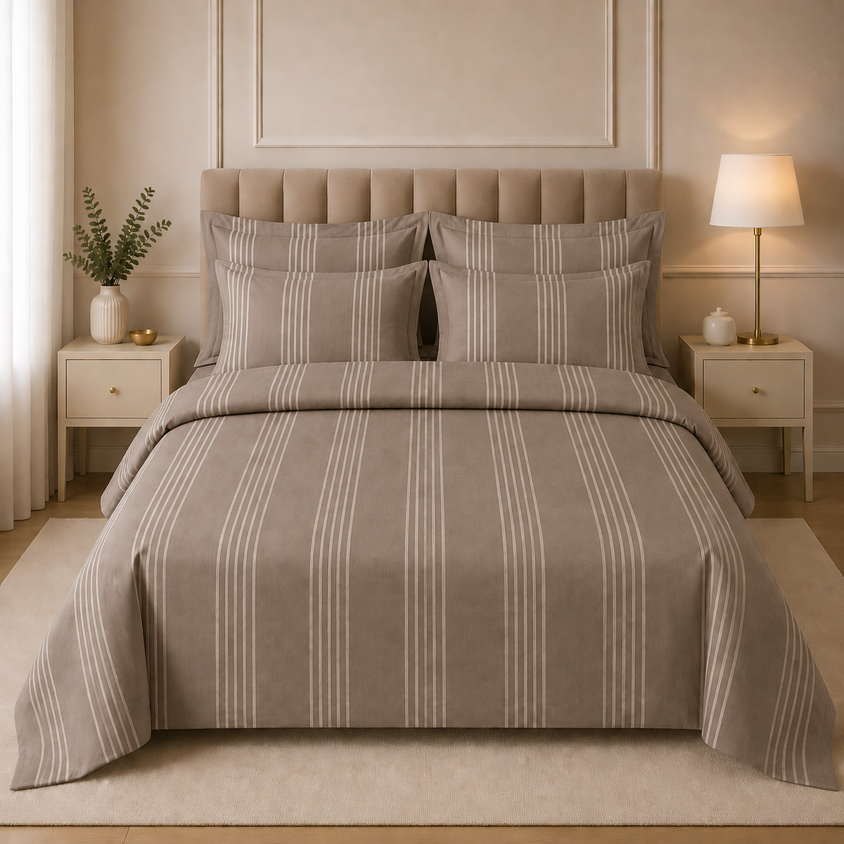 Egyptian Premium Cotton Satin Complete Bed Set - Taupe Stripe | Hogar