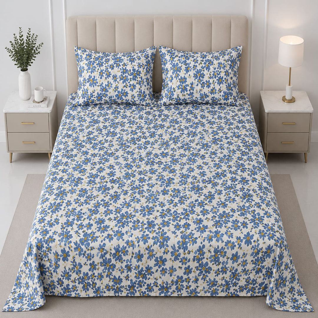 Hogar Blue Floral Bedsheet Set with 2 Pillow Covers | Soft & Breathable Bedding