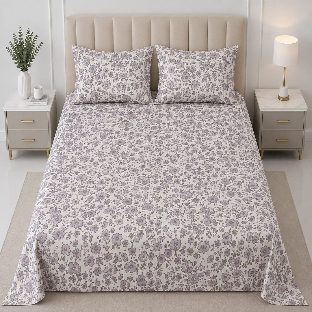 Hogar Lavender Floral Bedsheet Set with 2 Pillow Covers | Soft Cotton Blend Bedding