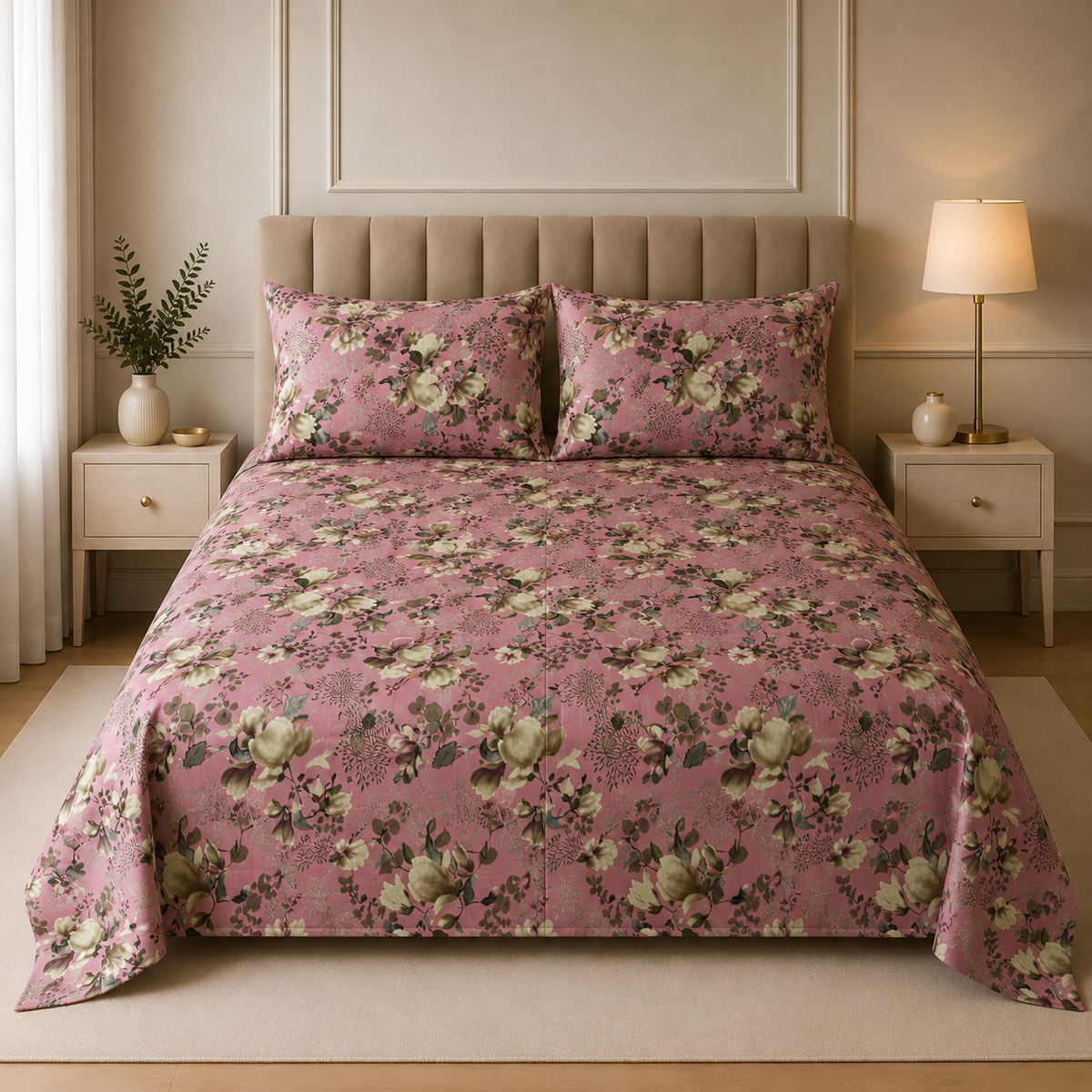 # Premium Cotton Satin Printed Bedsheet Dusty Pink Vintage Floral Garden | Hogar