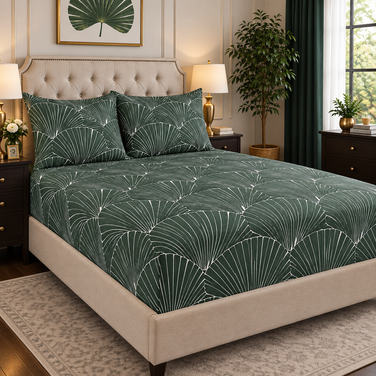 Premium Micro Fitted Sheet Set | Green Fan Palm - Hogar