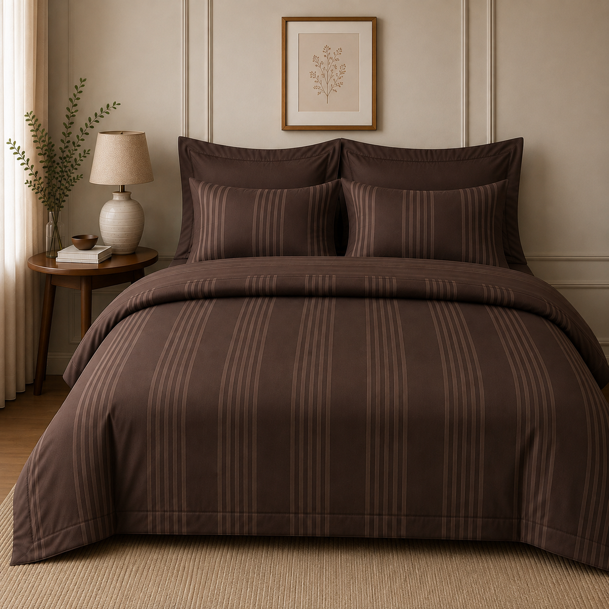 Egyptian Premium Cotton Satin Complete Bed Set - Brown Stripe | Hogar