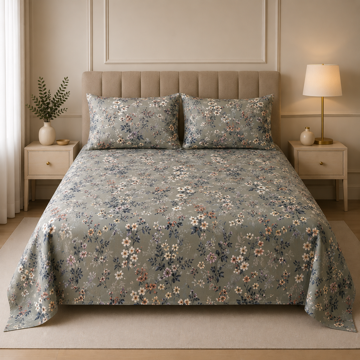 Premium Cotton Satin Printed Bedsheet Grey Blue Floral Garden | Hogar