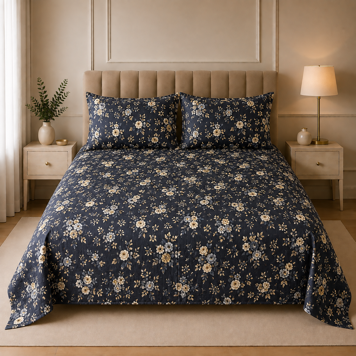 Premium Cotton Satin Printed Bedsheet Navy Blue Vintage Floral Garden | Hogar
