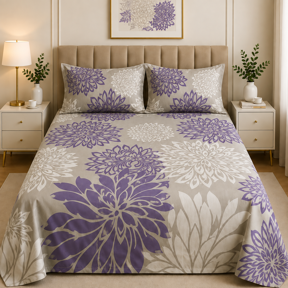 Premium Cotton Floral Printed Bed Sheet Purple Blossom | Hogar