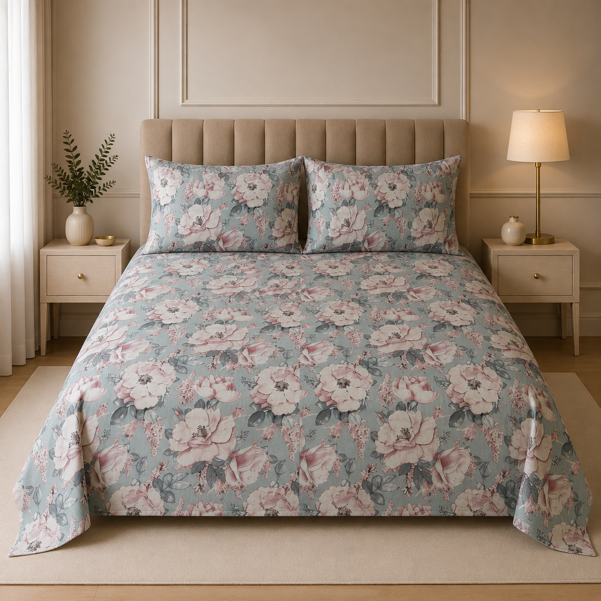 Premium Cotton Satin Printed Bedsheet Blue Grey Elegant Floral Garden | Hogar