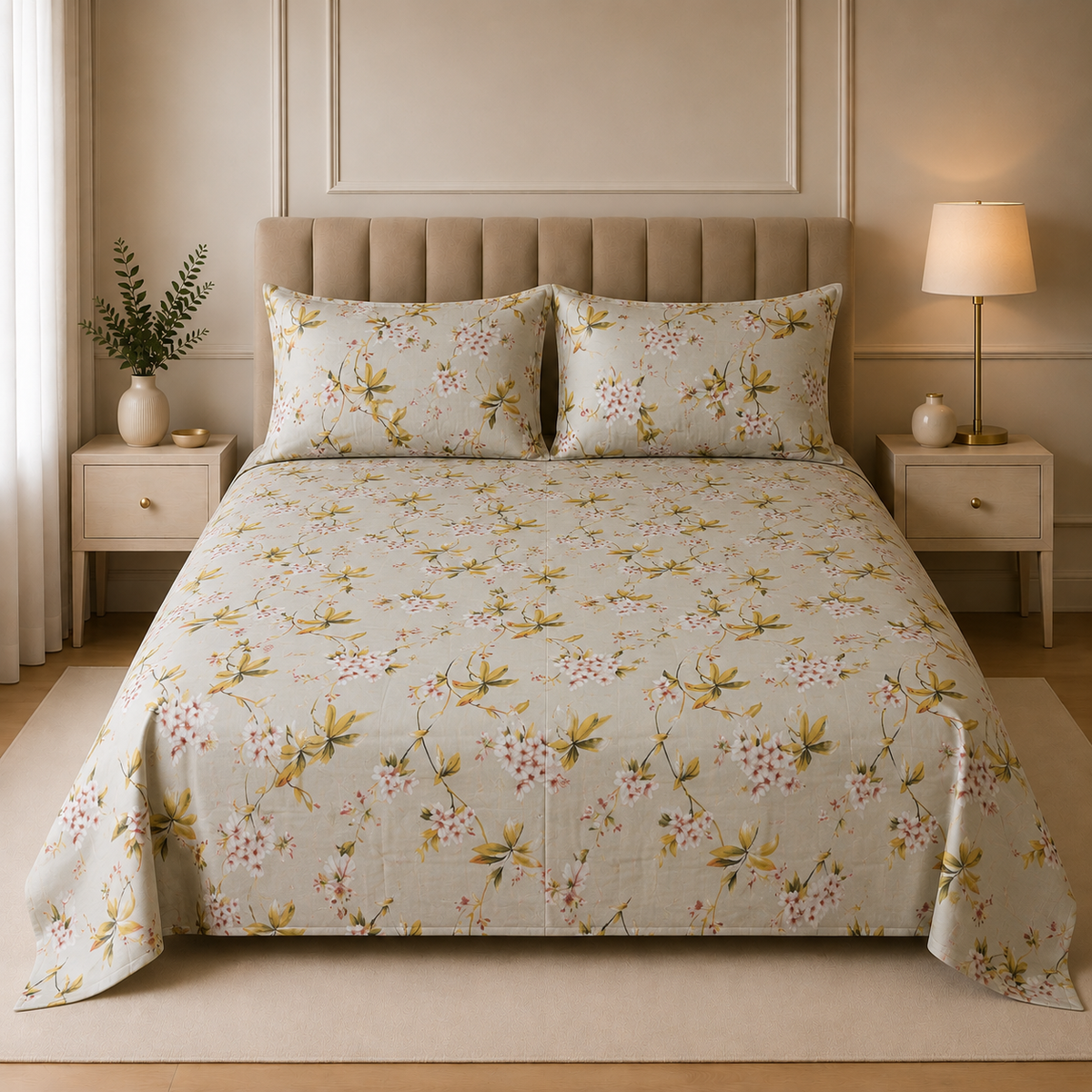 Premium Cotton Satin Printed Bedsheet Cream Golden Floral Garden | Hogar