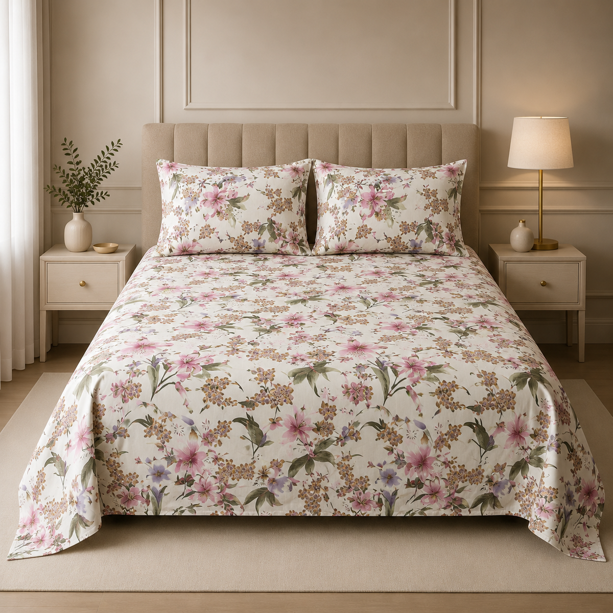 Premium Cotton Satin Printed Bedsheet White Pink Lavender Floral Garden | Hogar