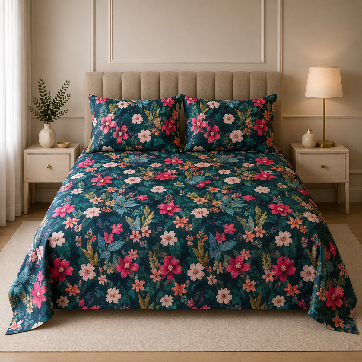 Premium Cotton Satin Printed Bedsheet Teal Multicolor Floral Garden | Hogar