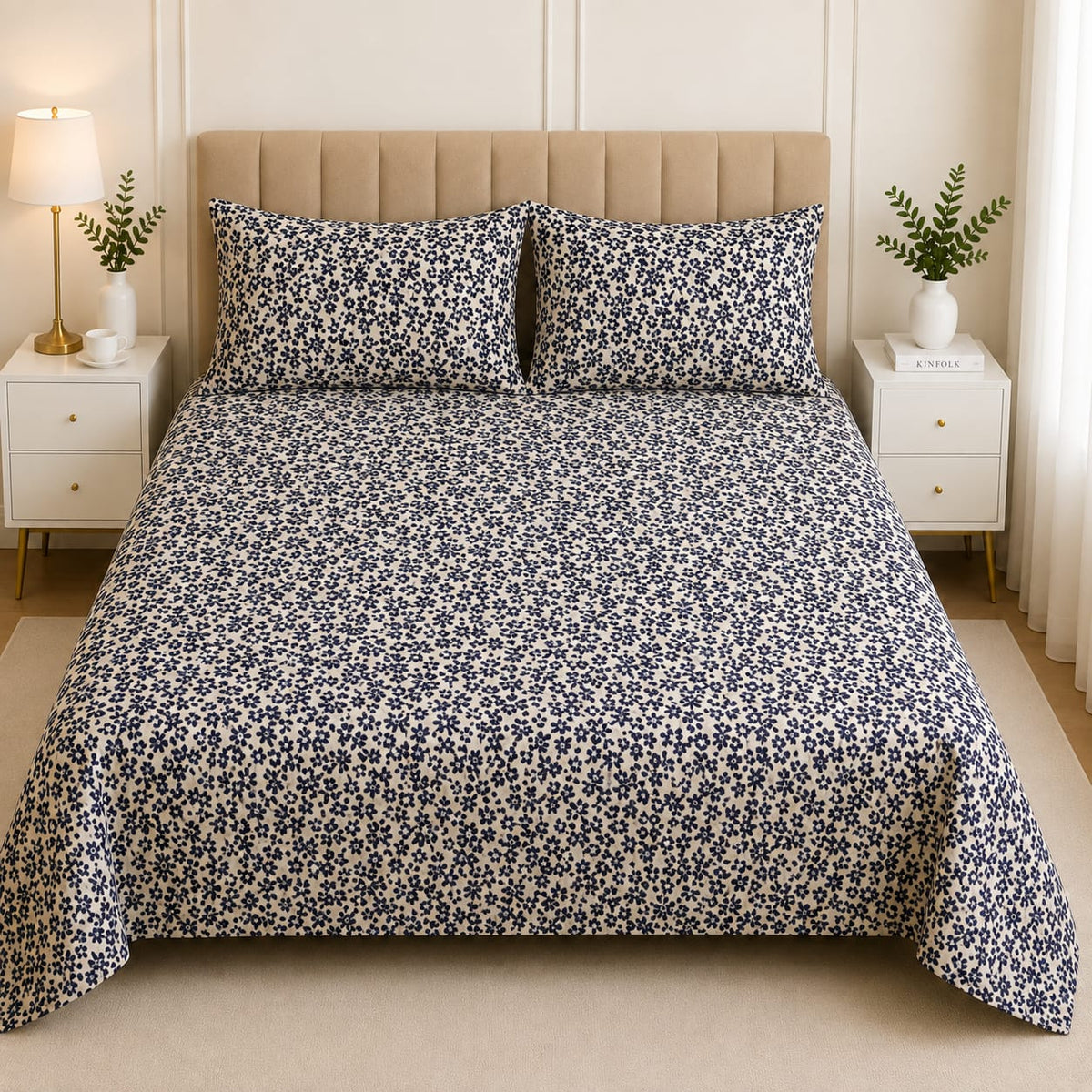 Hogar Navy Mini Floral Cotton Bedsheet