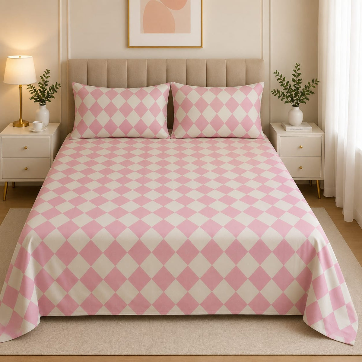 Premium Soft Cotton Pink Check Bed Sheet