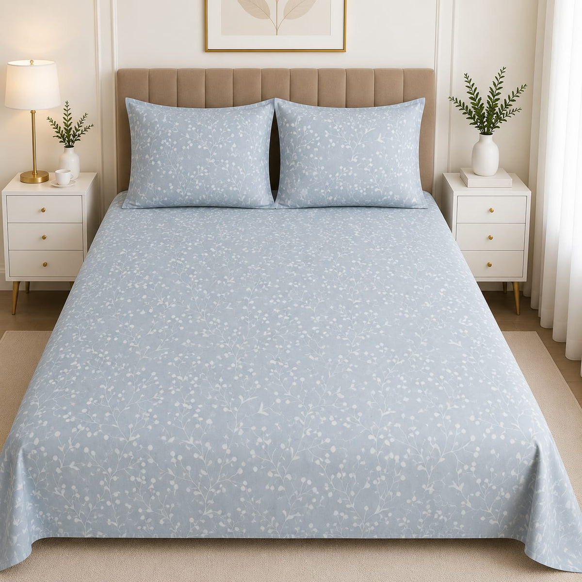 Premium Soft Cotton Satin Blue Floral Bed Sheet