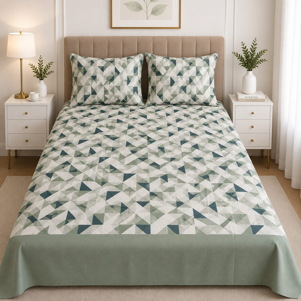 Soft Cotton Bed Sheet Sage Green Geometric Pattern