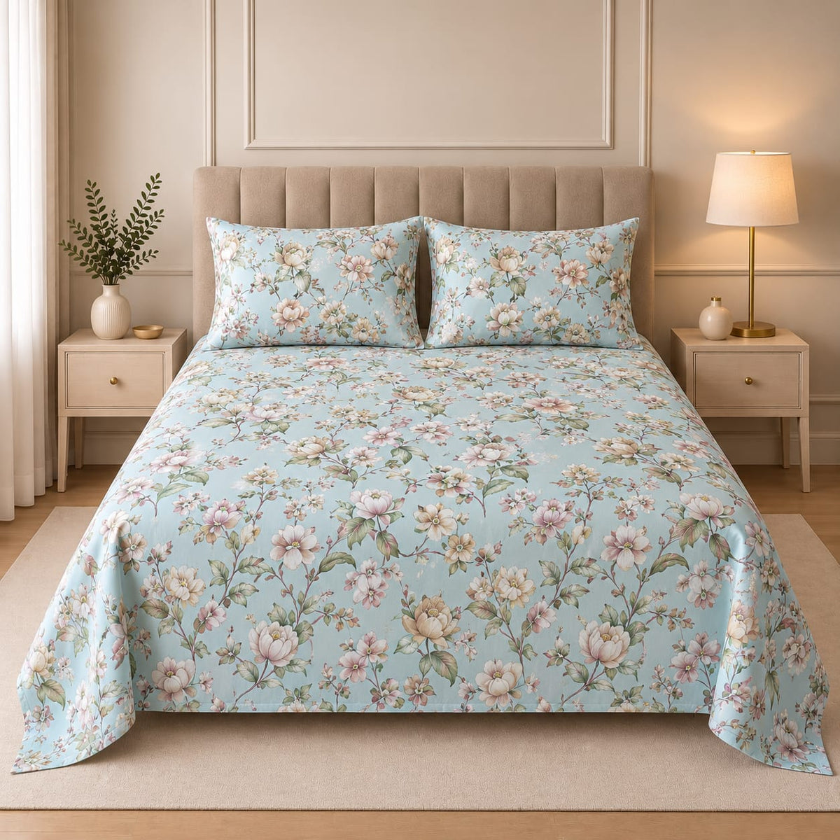 Hogar Blue Blossom Garden Premium Cotton Satin Printed Bedsheet