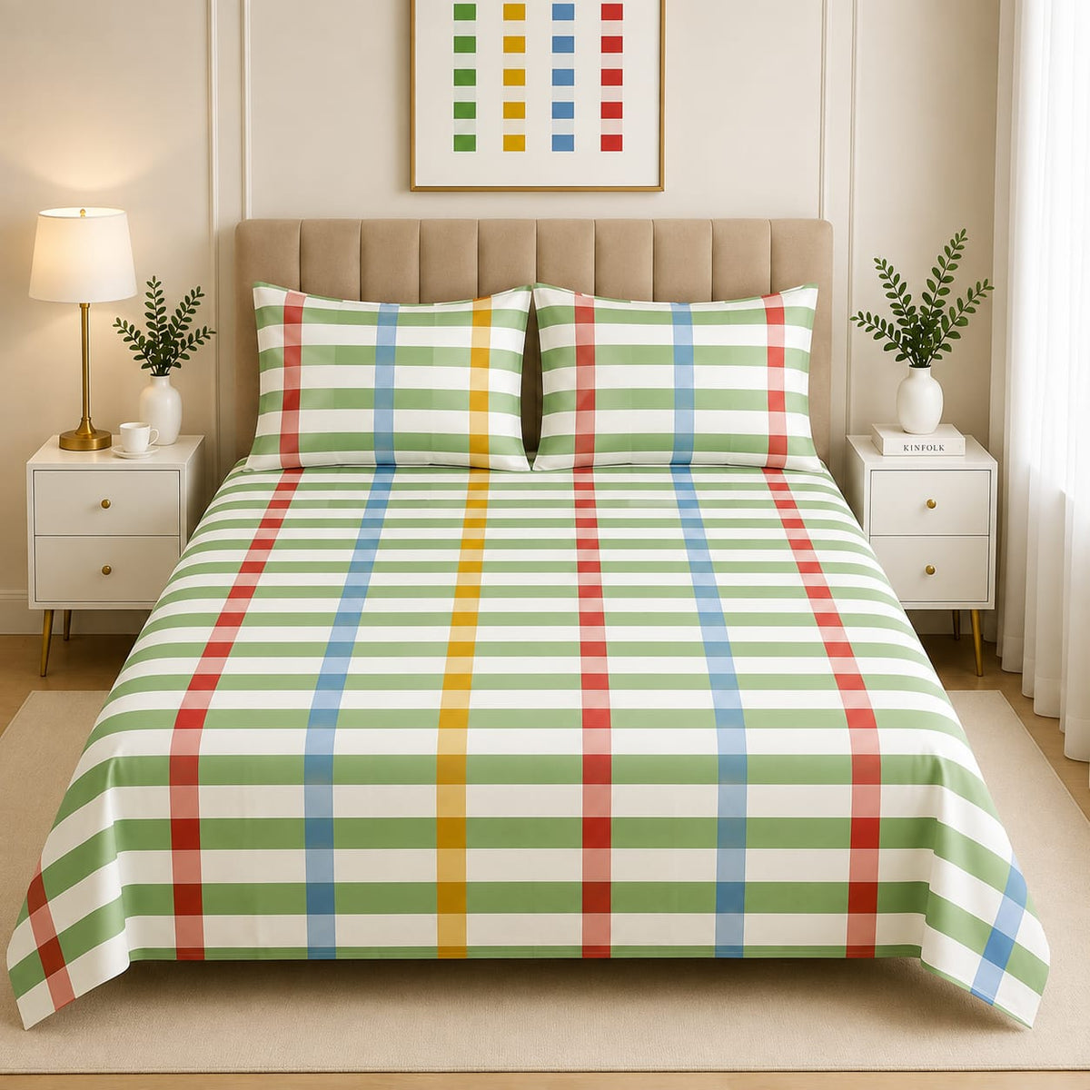 Soft Cotton Bed Sheet Green Check Pattern