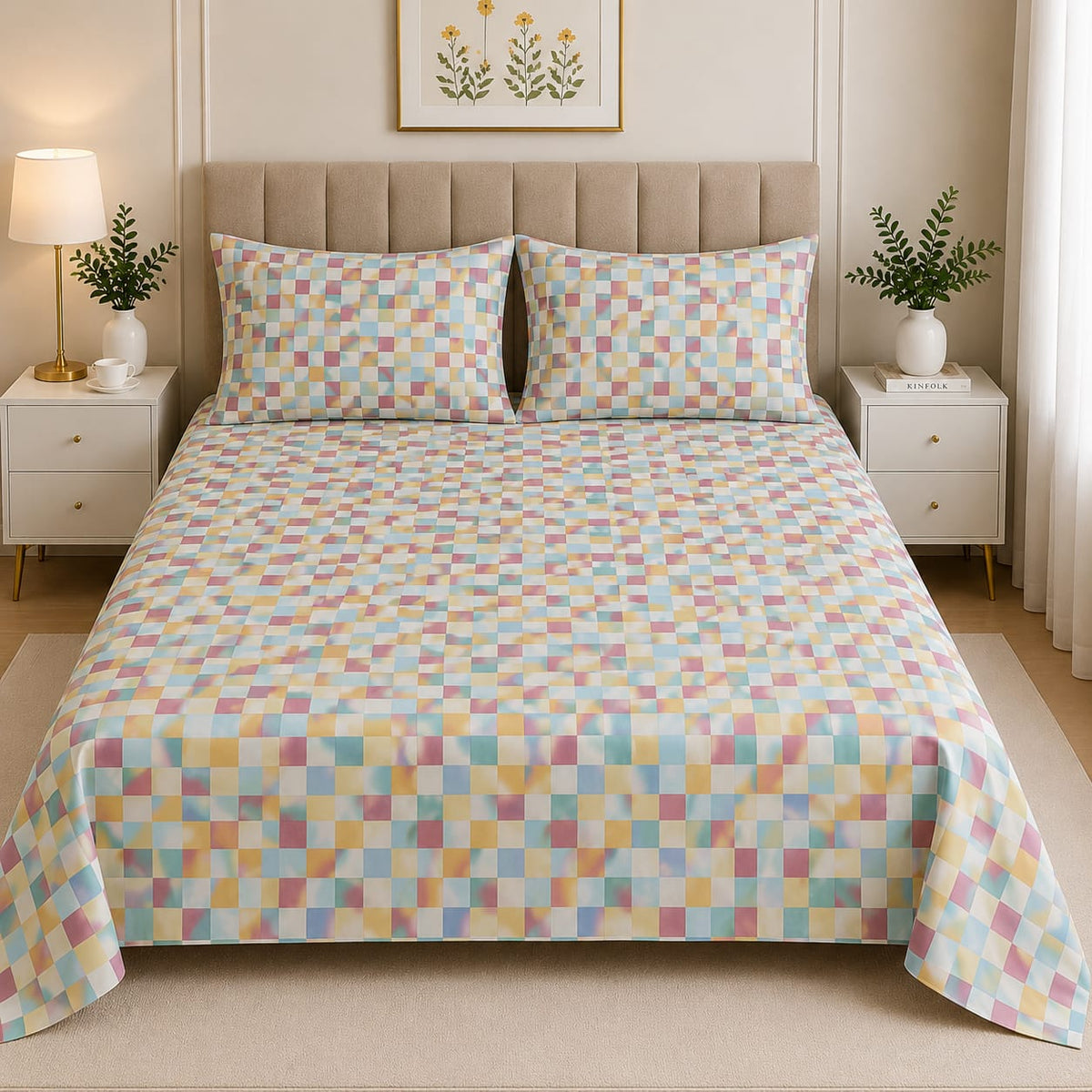 Hogar Pastel Check Cotton Bedsheet