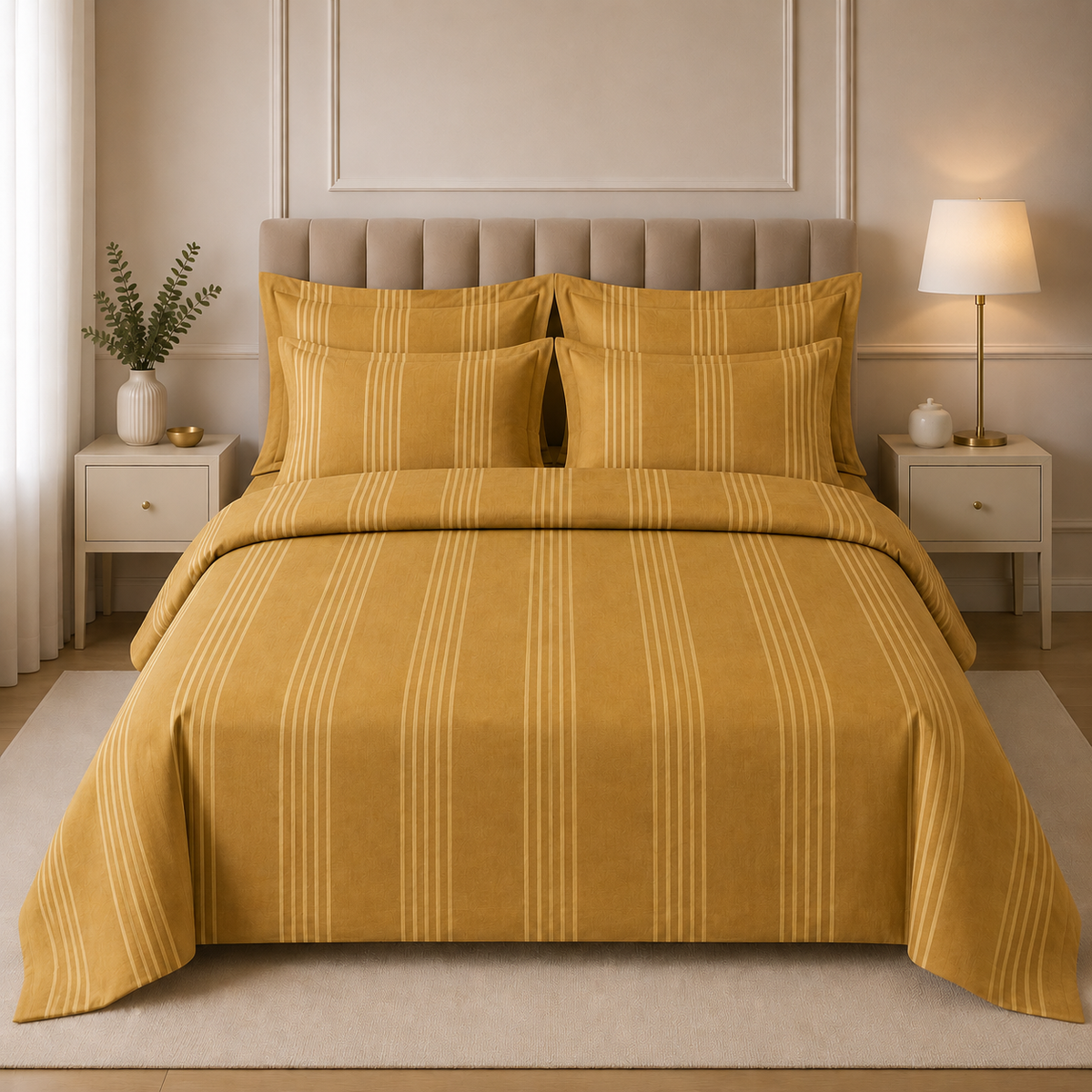 Egyptian Premium Cotton Satin Complete Bed Set - Golden Stripe | Hogar