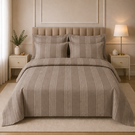 Egyptian Premium Cotton Satin Complete Bed Set - Taupe Stripe | Hogar