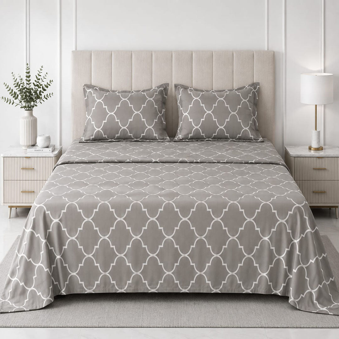 Hogar Grey Geometric Bedsheet Set with 2 Pillow Covers | Modern Cotton Blend Bedding