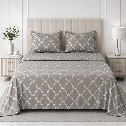 Hogar Grey Geometric Bedsheet Set with 2 Pillow Covers | Modern Cotton Blend Bedding