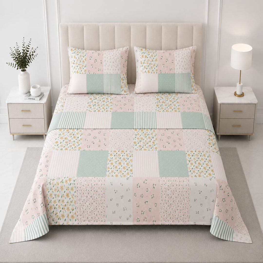 Hogar Pastel Patchwork Floral Bedsheet Set with 2 Pillow Covers | Soft Cotton Blend Bedding