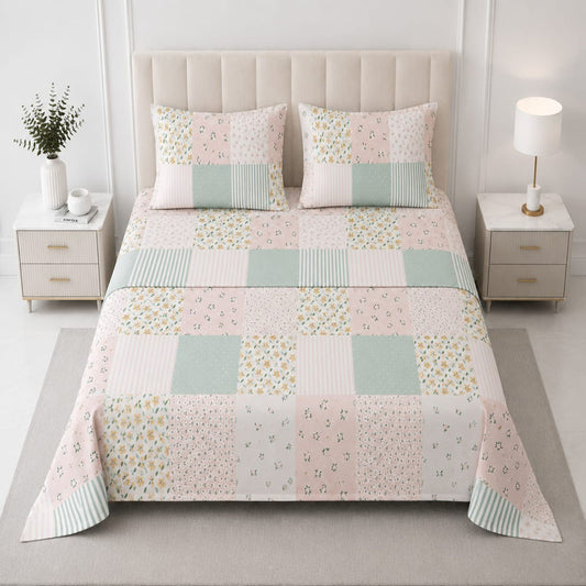Hogar Pastel Patchwork Floral Bedsheet Set with 2 Pillow Covers | Soft Cotton Blend Bedding