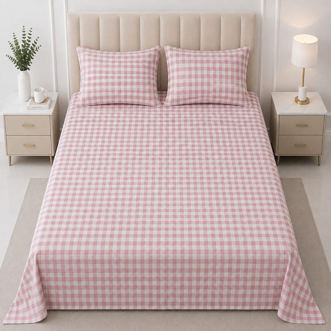 Hogar Pink Gingham Check Bedsheet Set with 2 Pillow Covers | Soft & Breathable