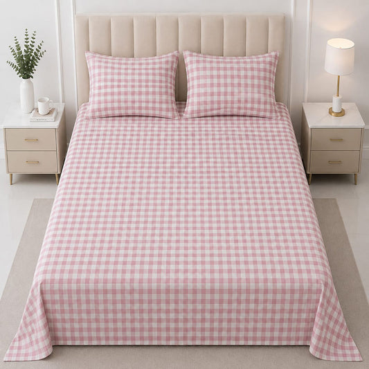 Hogar Pink Gingham Check Bedsheet Set with 2 Pillow Covers | Soft & Breathable
