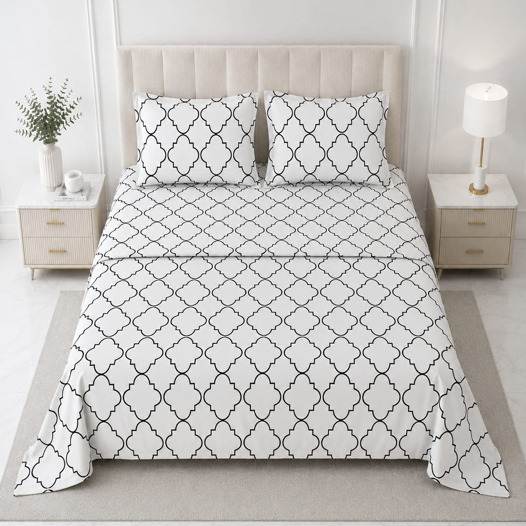 Hogar White Geometric Bedsheet Set with 2 Pillow Covers | Modern Black & White Design