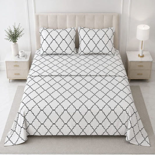 Hogar White Geometric Bedsheet Set with 2 Pillow Covers | Modern Black & White Design