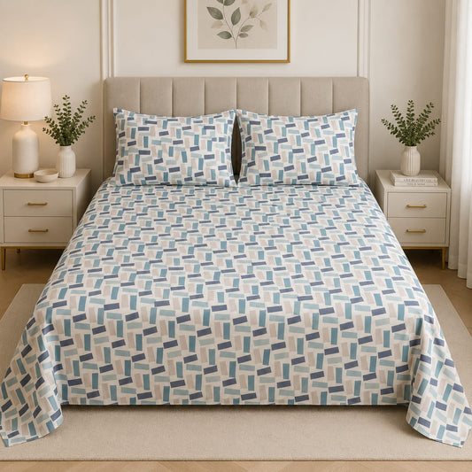 Premium Geometric Printed Bedsheet Set – Soft & Comfortable (Blue & White)