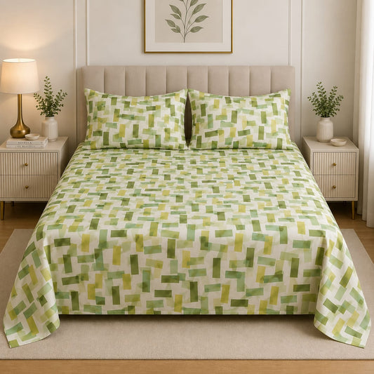 Premium Green Geometric Printed Bedsheet Set – Soft & Comfortable (Green & White)