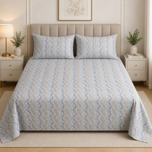 Premium Grey Zigzag Printed Bedsheet Set – Soft & Breathable (Grey & Blue)