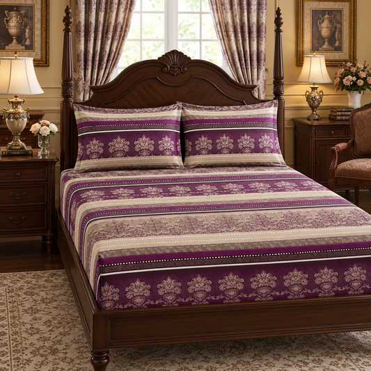 Premium Micro Fitted Sheet Set | Purple Damask - Hogar
