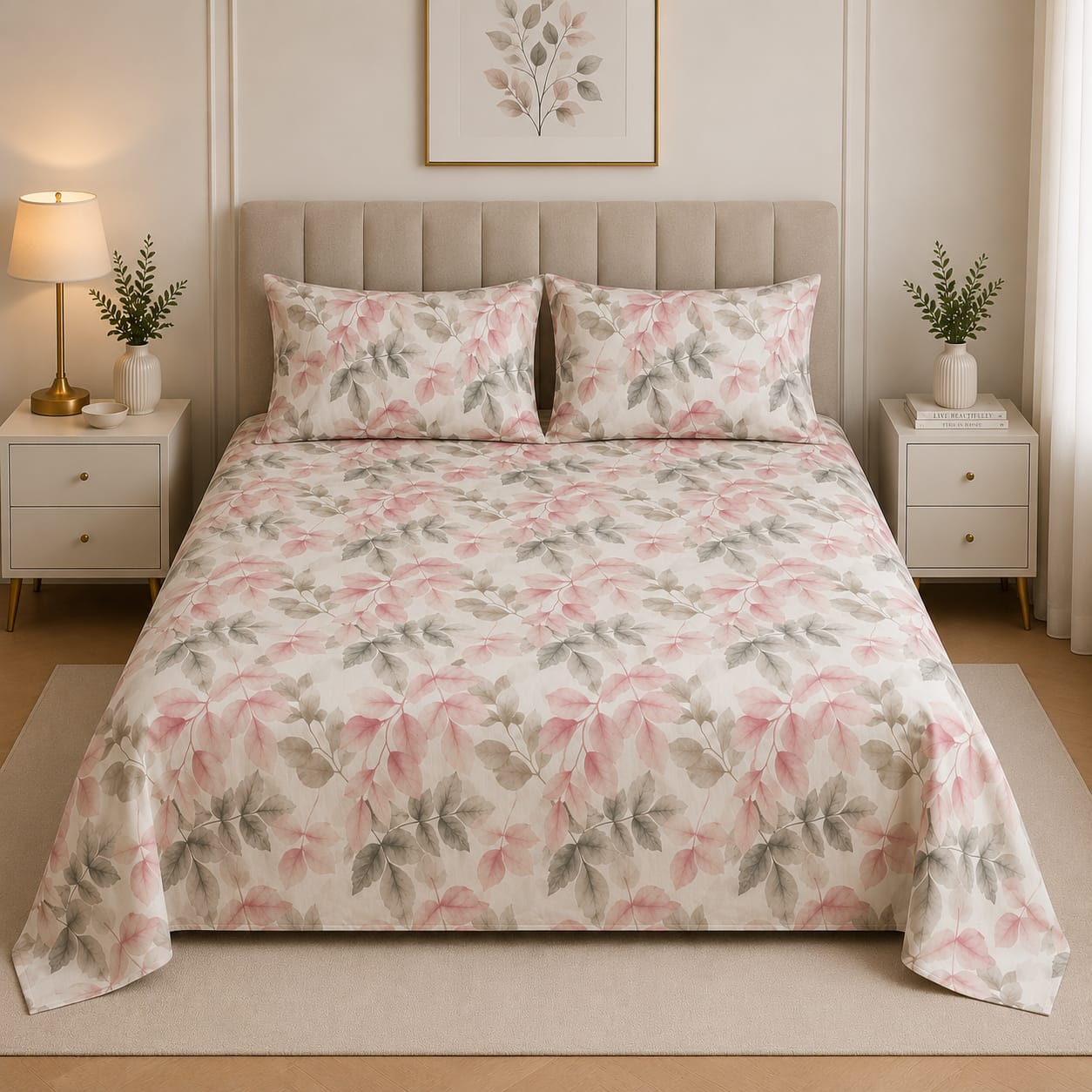 Premium Pink Floral Printed Bedsheet Set – Soft & Comfortable (Pink & Beige)