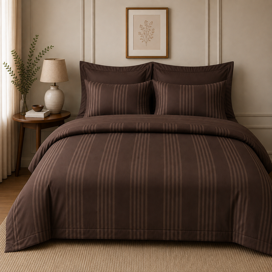 Egyptian Premium Cotton Satin Complete Bed Set - Brown Stripe | Hogar