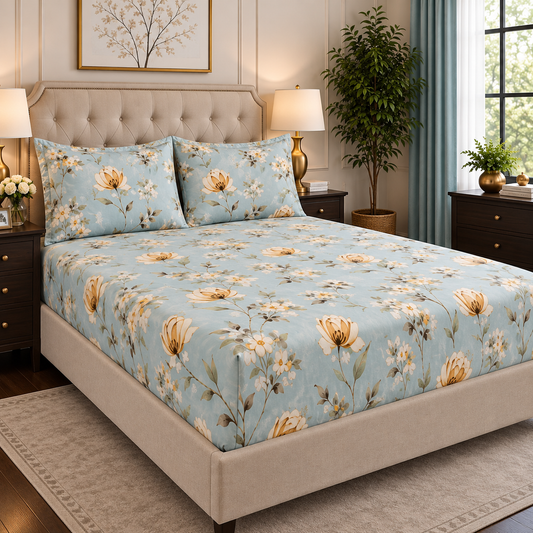 Premium Micro Fitted Sheet Set | Soft Blue Floral - Hogar