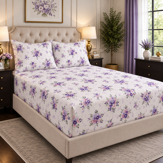 Premium Micro Fitted Sheet Set | Purple Floral - Hogar