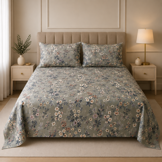 Premium Cotton Satin Printed Bedsheet Grey Blue Floral Garden | Hogar