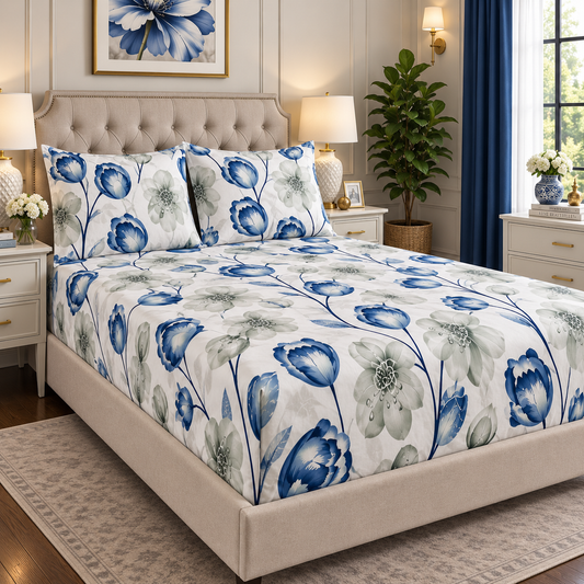 Premium Micro Fitted Sheet Set | Blue & Grey Tulip - Hogar