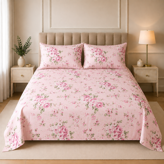 Premium Cotton Satin Printed Bedsheet Pink Rose Floral Garden | Hogar
