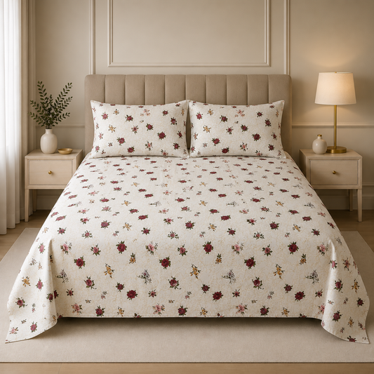 Premium Cotton Satin Printed Bedsheet Cream Red Rose Floral Garden | Hogar