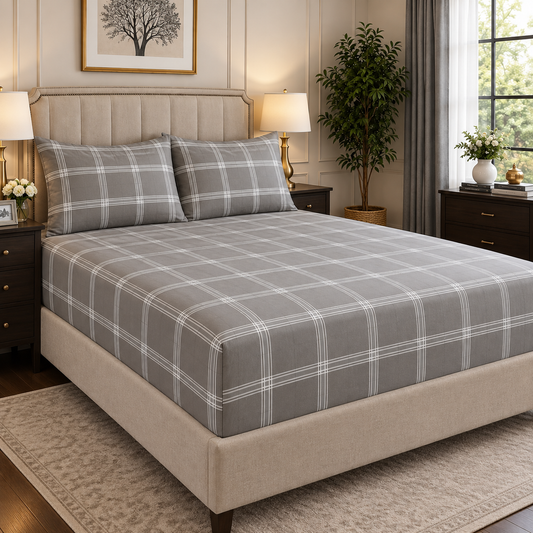 Premium Micro Fitted Sheet Set | Grey Plaid - Hogar