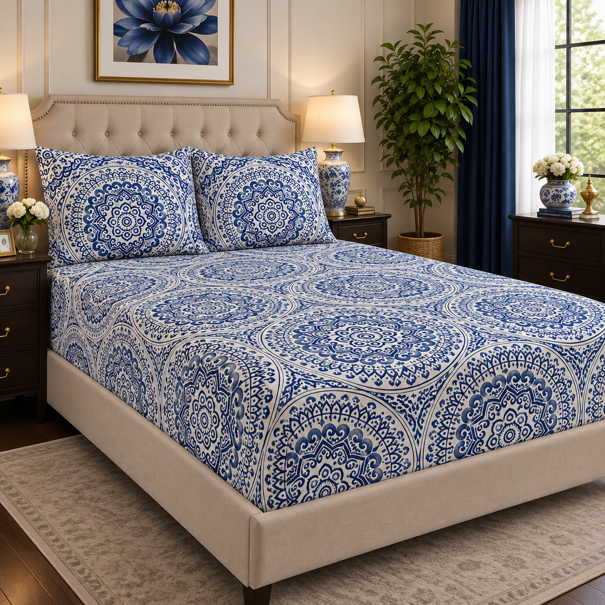 Premium Micro Fitted Sheet Set | Blue Mandala - Hogar
