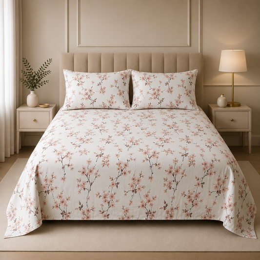 Premium Cotton Satin Printed Bedsheet White Blush Cherry Blossom | Hogar