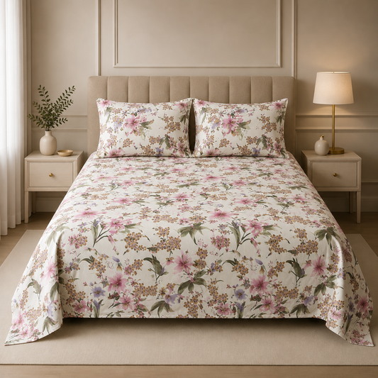 Premium Cotton Satin Printed Bedsheet White Pink Lavender Floral Garden | Hogar
