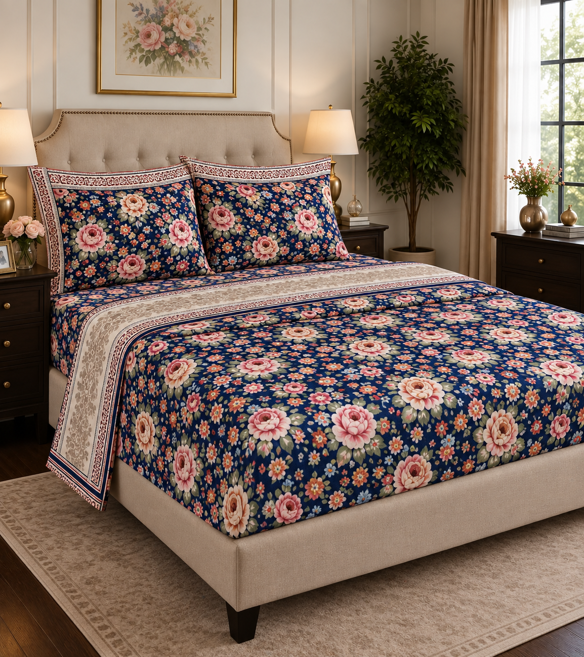 Premium Micro Fitted Sheet Set | Royal Navy Floral - Hogar