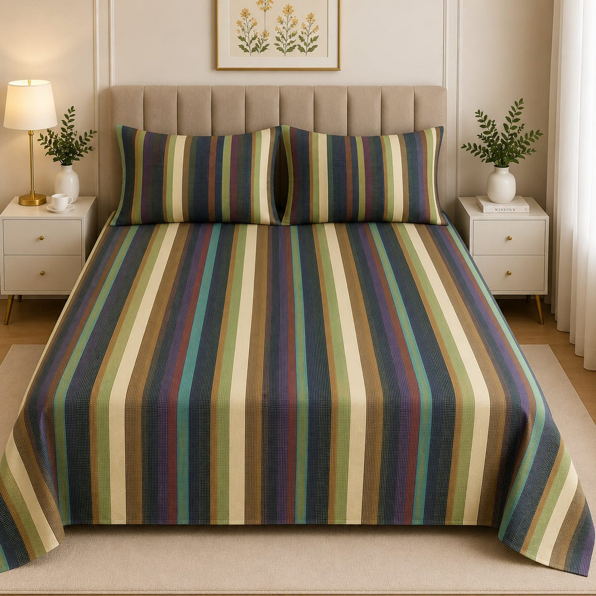Soft Cotton Bed Sheet Multicolor Stripe Pattern