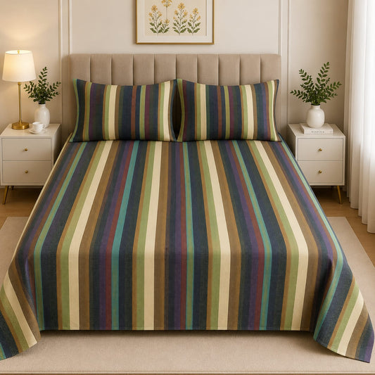 Soft Cotton Bed Sheet Multicolor Stripe Pattern